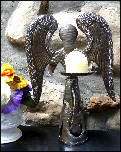 Angel Candle Holder, Haitian Metal Steel Drum Art, Holiday Decor, 12" High